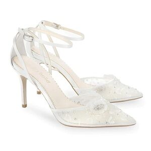 Bella Belle Ankle Strap Ivory Closed Toe Heels with Flower Detail